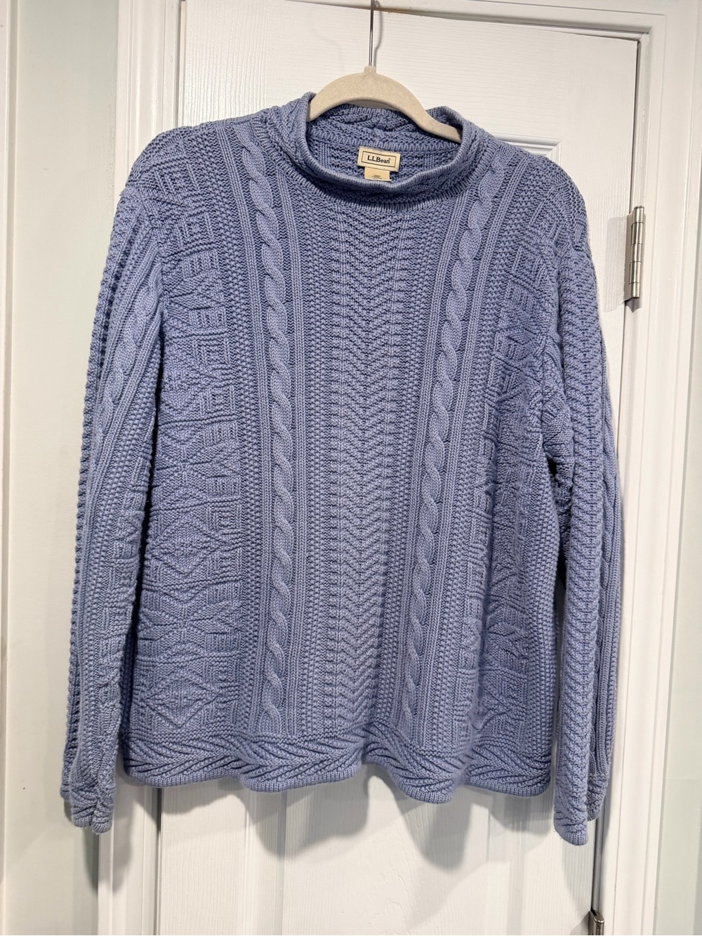 L.L.Bean Size L Periwinkle Blue Cotton Cable Knit Mock Neck Pullover Sweater
